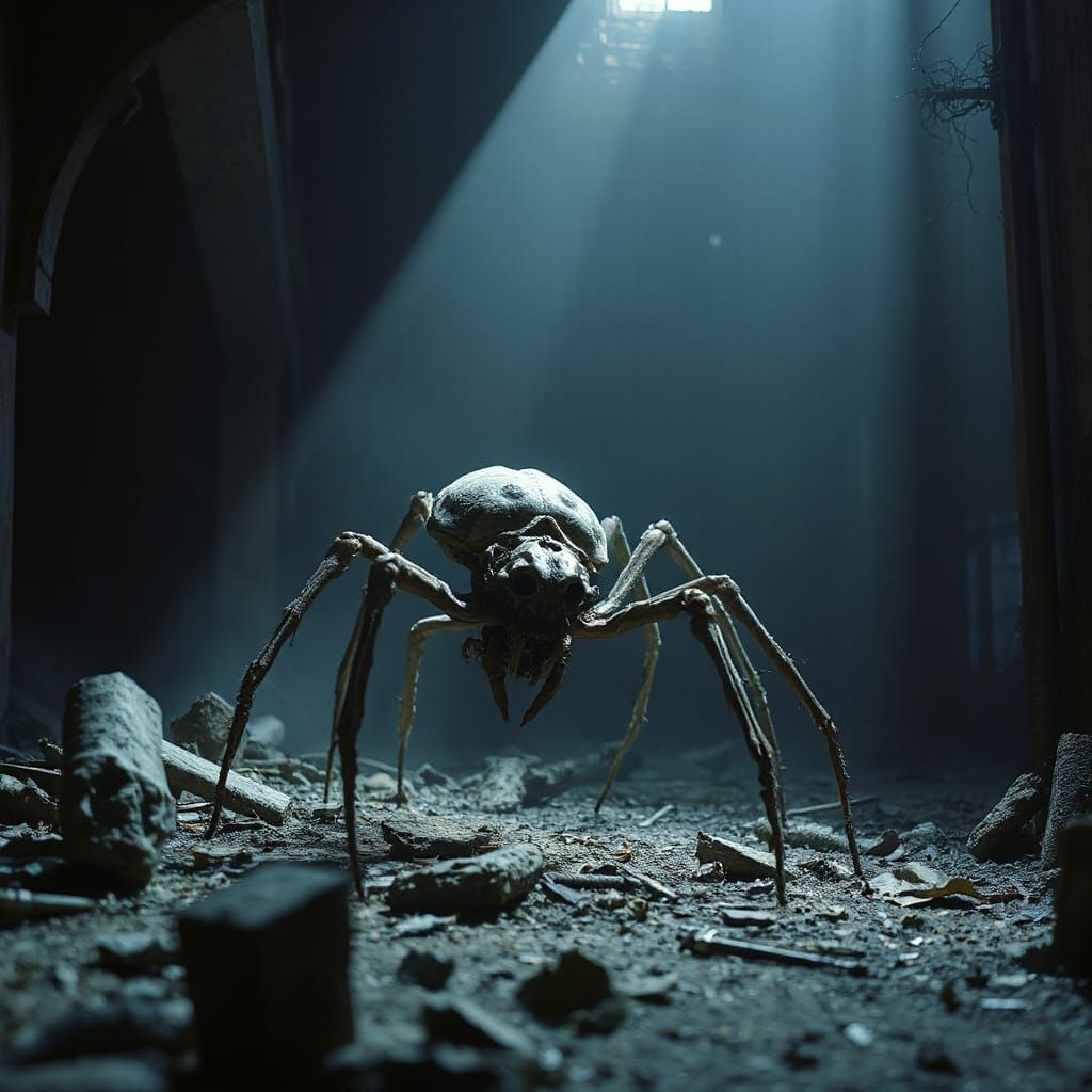 Cyberpunk Monster Emerges from Dark Post-Apocalyptic Ruins