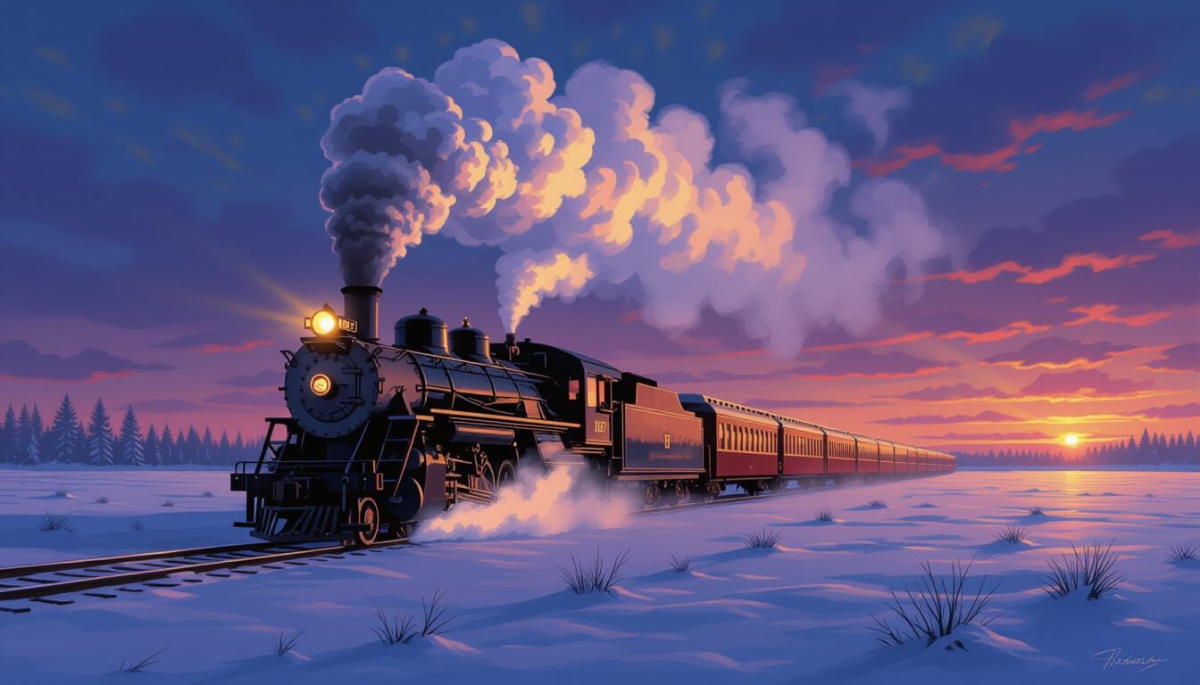 Vintage Steam Train in Snowy Twilight Landscape