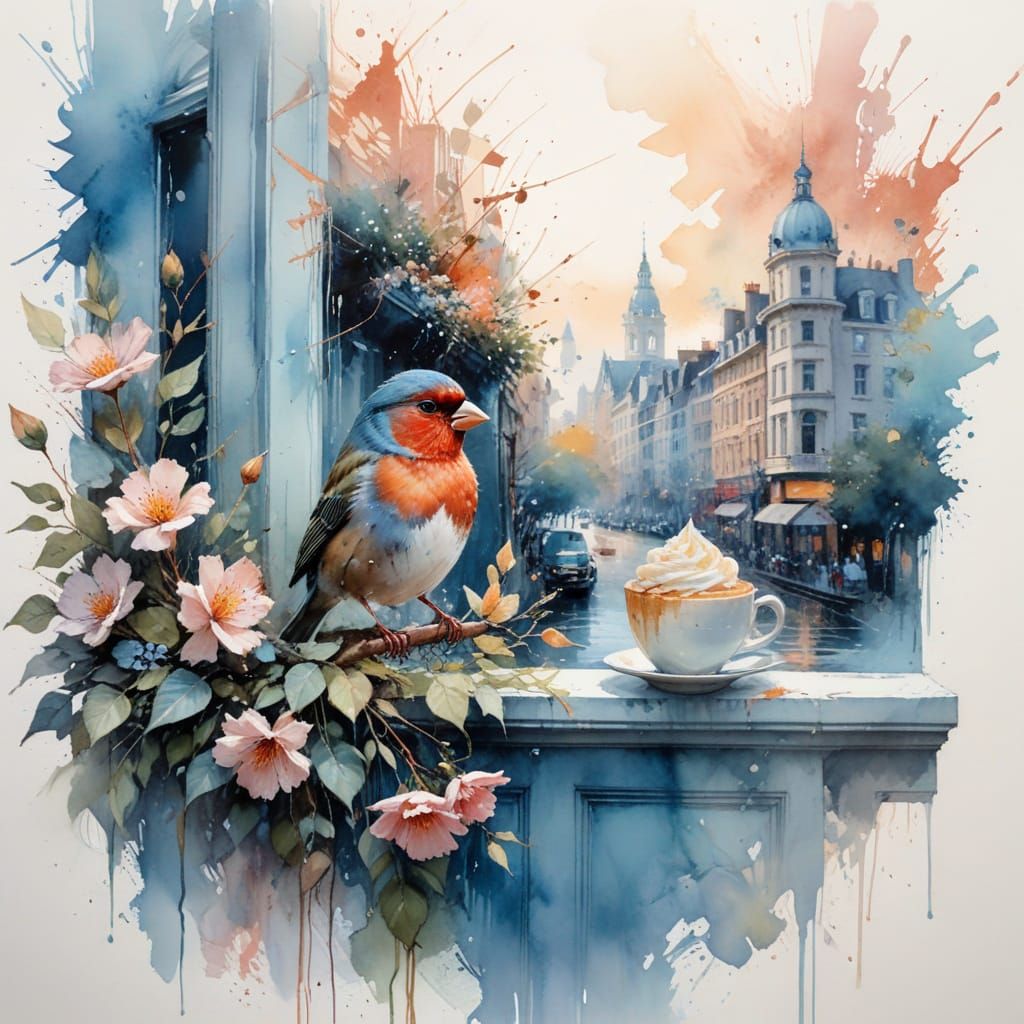 Minimalist Cafe Façade with Finch in Watercolor Style