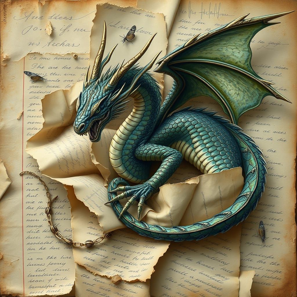 Dragon Unfolds from Ancient Letter in Whimsical, Surreal Sty...