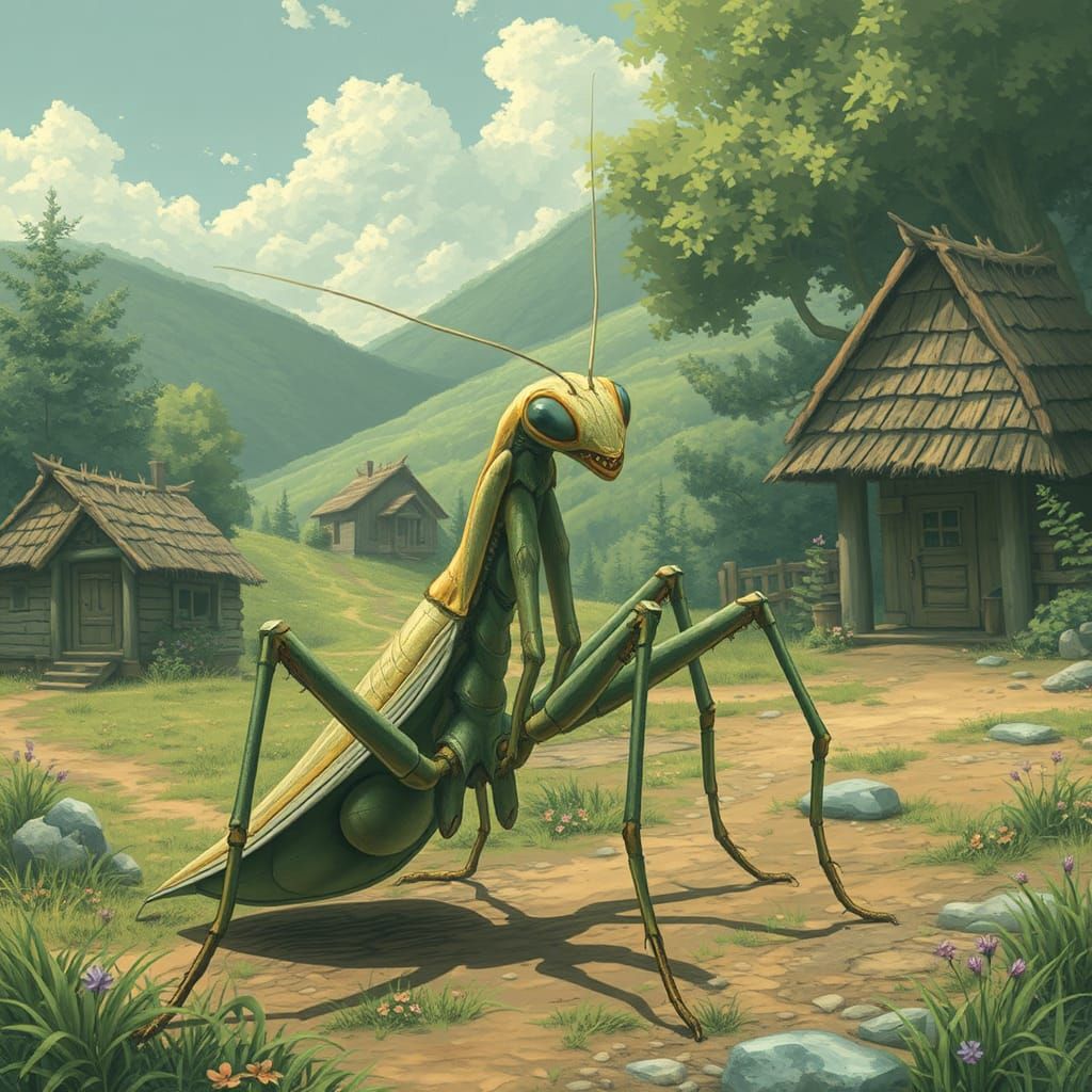 Giant Praying Mantis Mecha in Rural Village