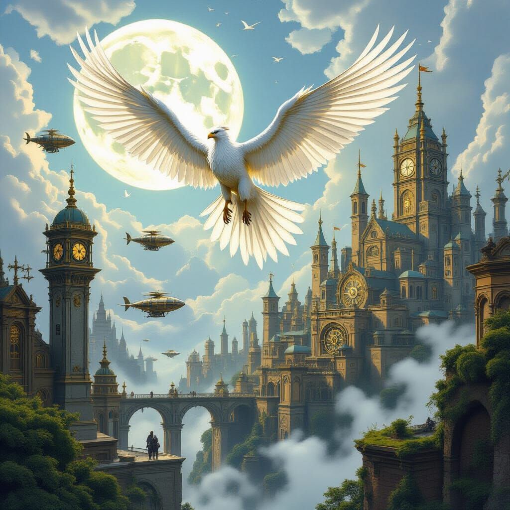 Griffin Soaring Over Ancient City in Matte Painting Style
