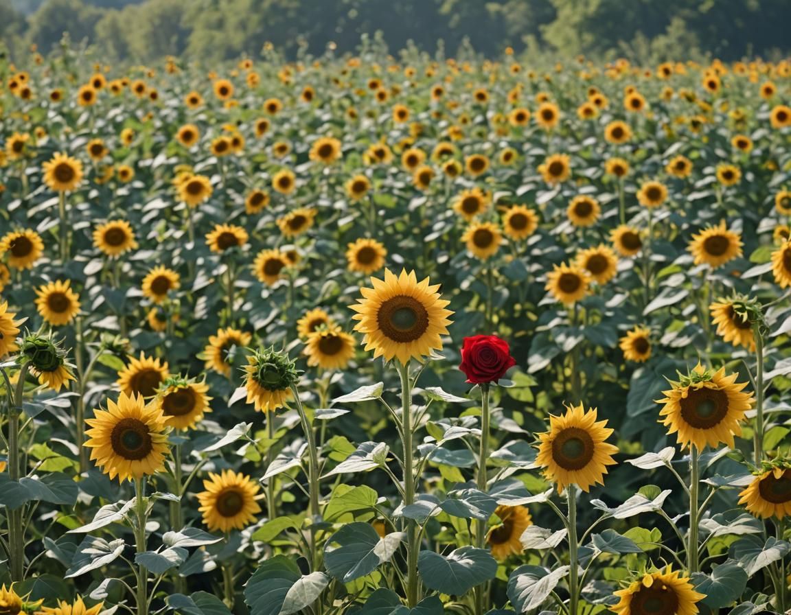A single rose 🌹 in a field of sunflowers 🌻