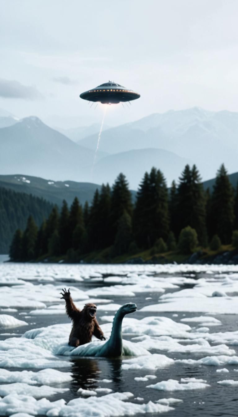 UFO Hovering Over Yeti Riding Loch Ness Monster