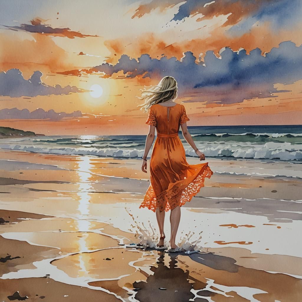 Beach Sunset with Horse, Gouache Watercolor Painting