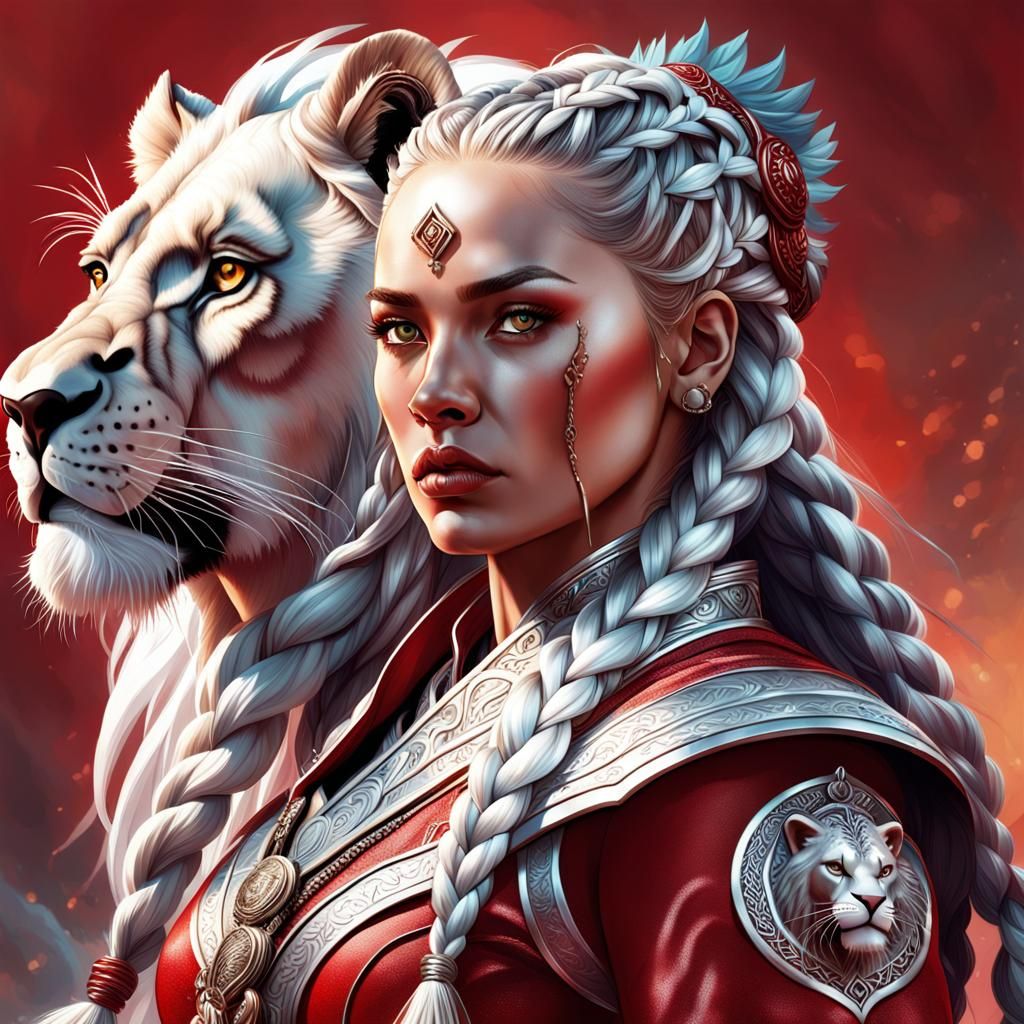 Warrior Woman with Lion: Hyperrealistic Splash Art
