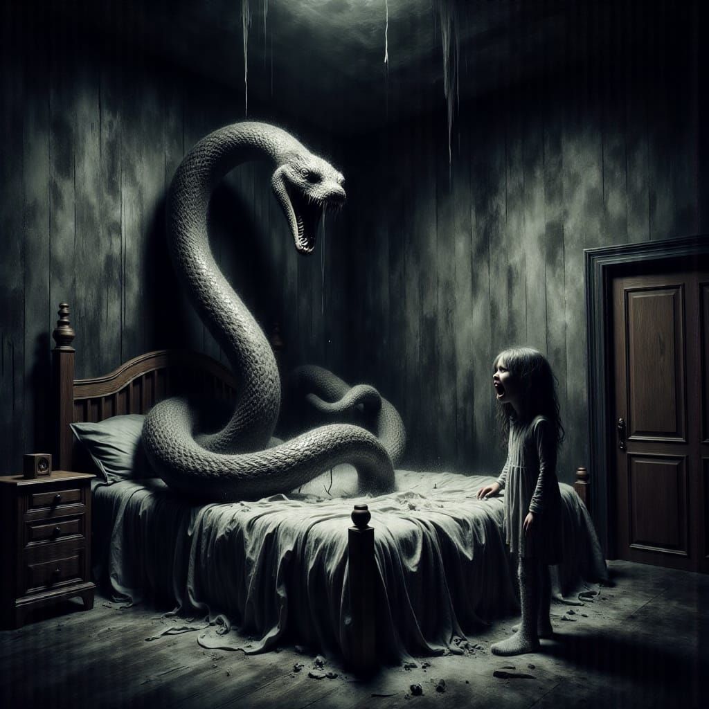 Snake Emerges from Bed in Dark, Ominous Bedroom Scene
