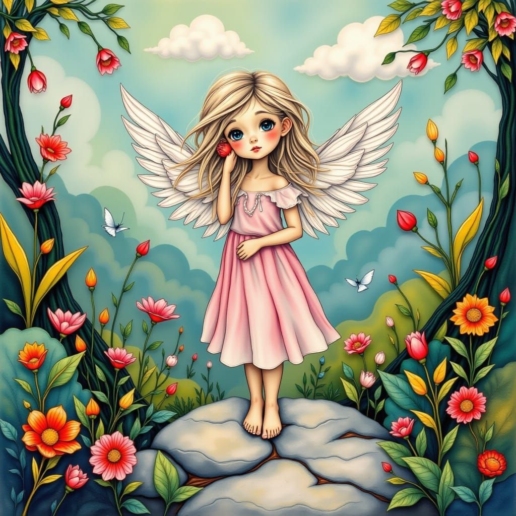Cute Angel in a Garden with Flowing Wings