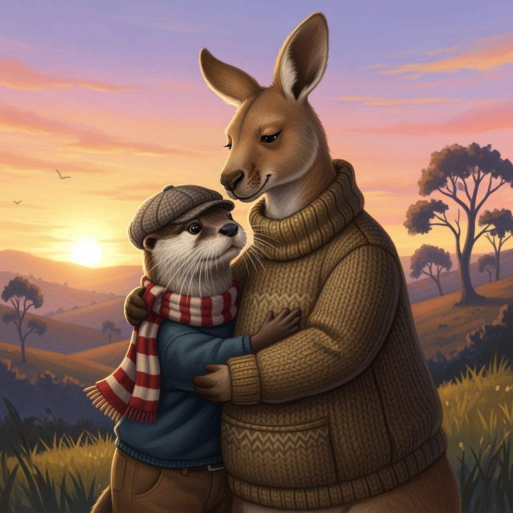 Storybook Otter and Kangaroo Share Sunset Embrace