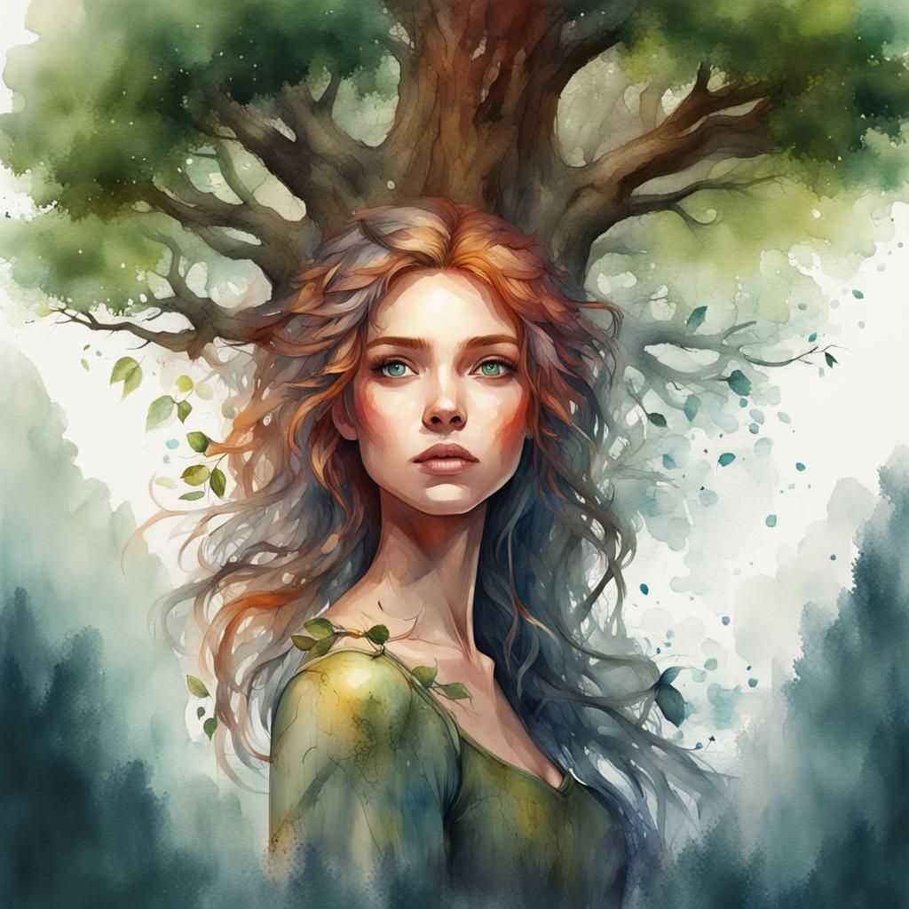Watercolor Woman with Tree Hair
