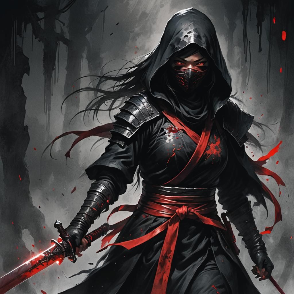 Eerie Dark Fantasy Ninja with Glowing Red Sword