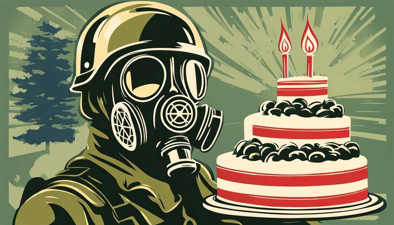 Cold War Propaganda Poster with Cake and Gas Mask