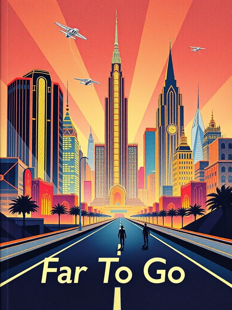 Book cover, a glittering Art Deco city, sharp angles, irides...