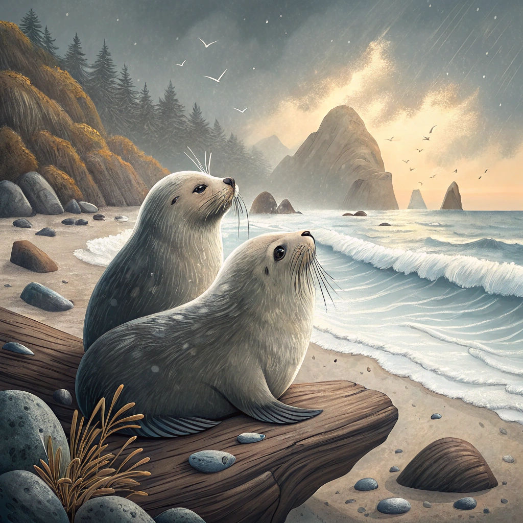 Seals on West Coast Beach in Vibrant Style
