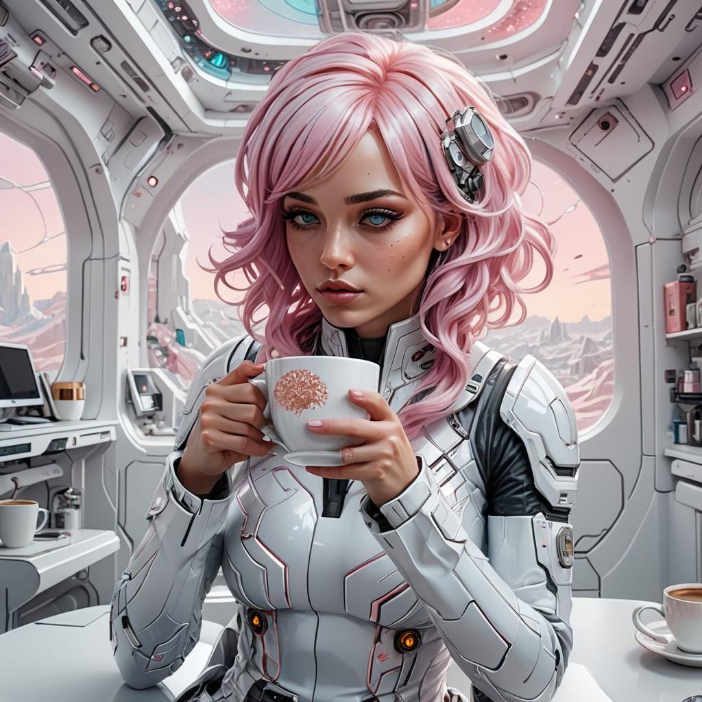 Pastel Pink Haired Girl Drinking Coffee in Futuristic Room