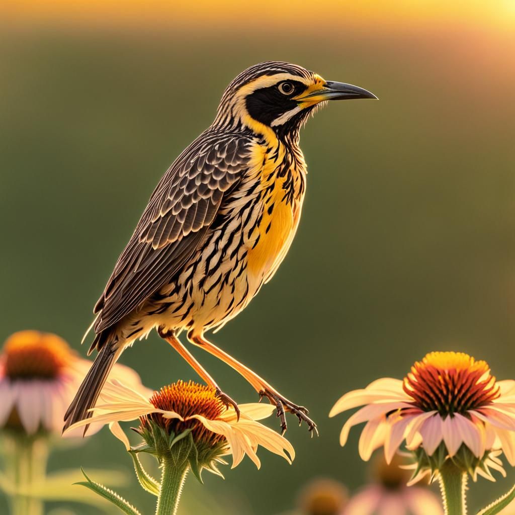 Meadowlark on Coneflower in Golden Light: Digital Painting