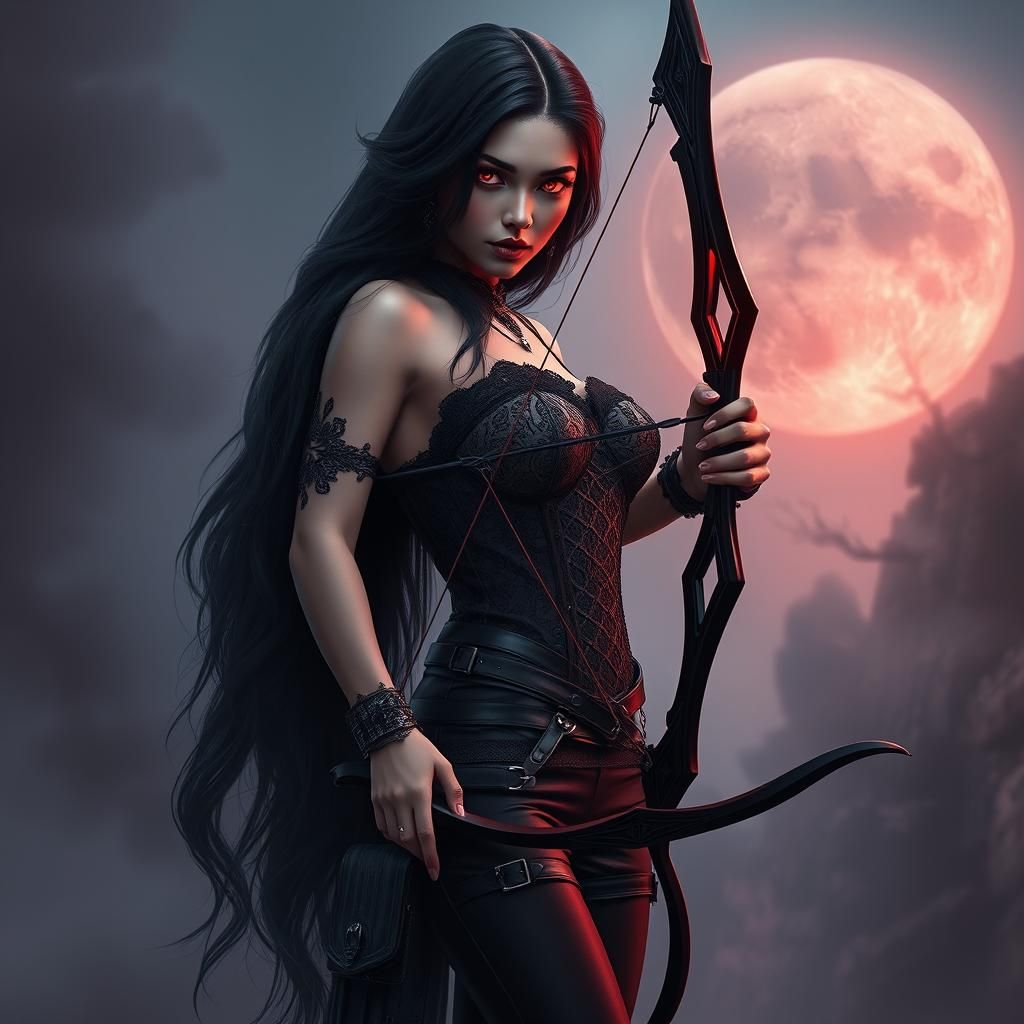 a 5d art portrait of a  beautiful female archer, she has lon...