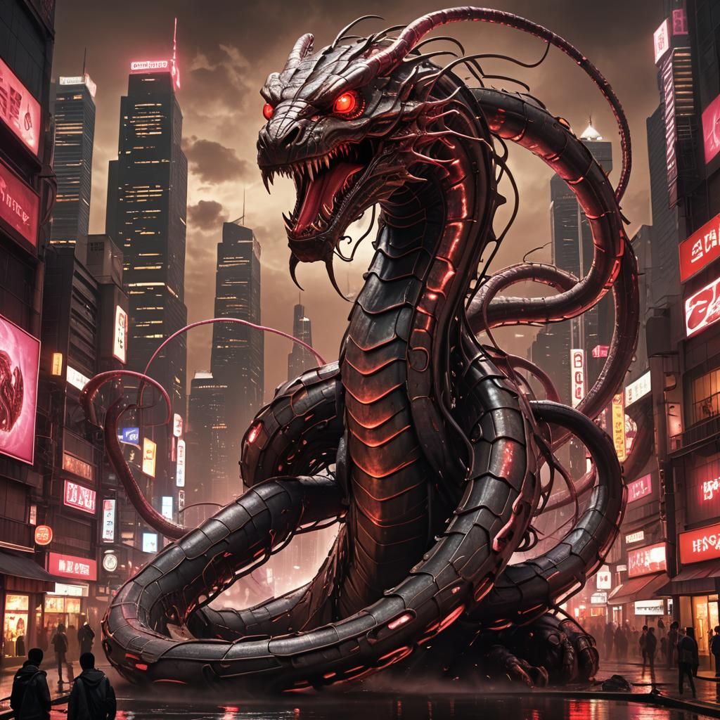 Cyberpunk Serpent Over Dystopian City at Night