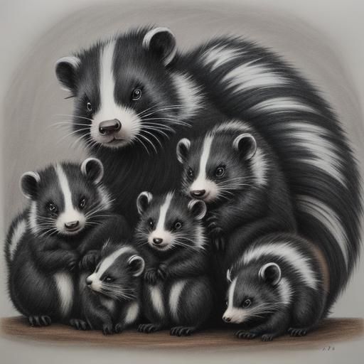 Hyperdetailed Charcoal Drawing of Skunk Family