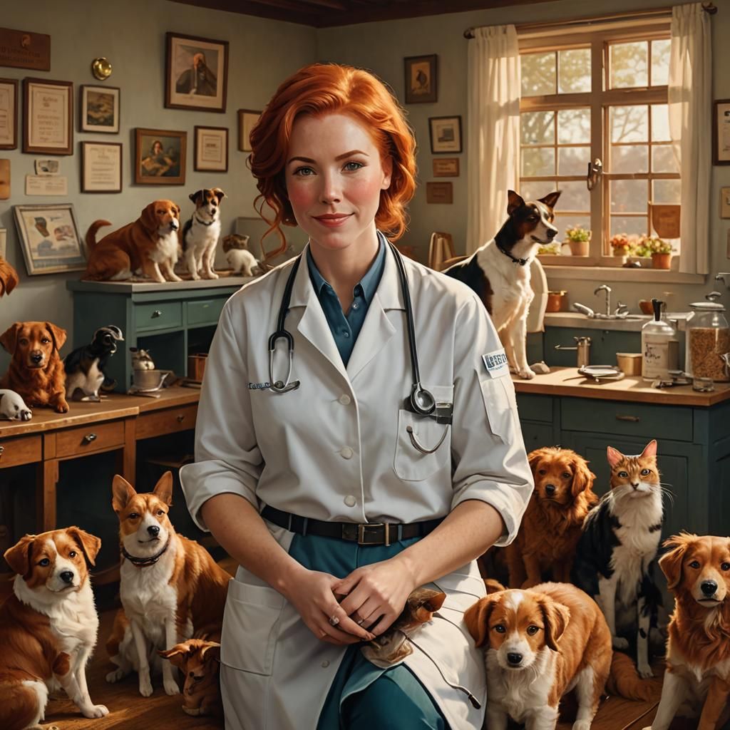 Veterinarian Surrounded by Animals in Cozy Clinic