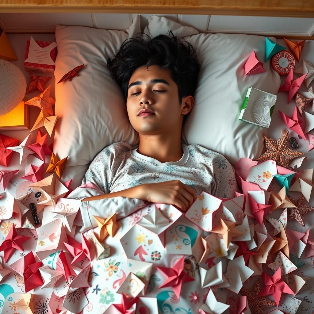 Cozy Origami Bed Scene in Modern Art Style