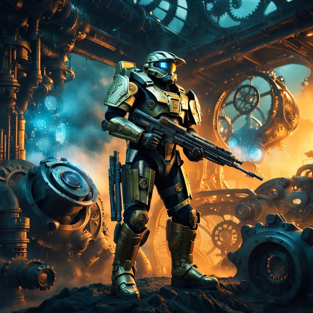 Steampunk Hero in Golden Industrial Landscape
