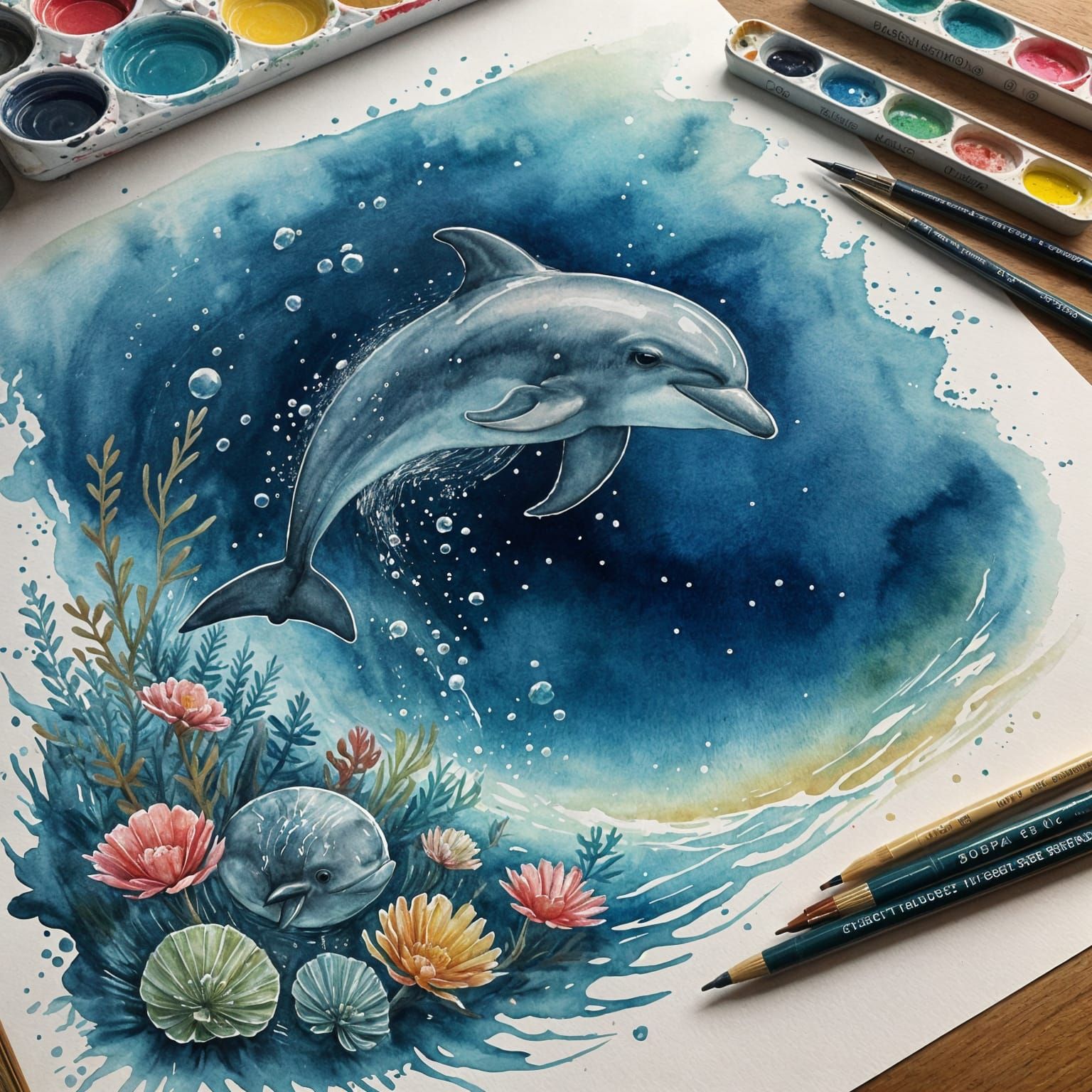 Dolphin, in the ocean, at midnight, under the sea, Watercolor, illustration