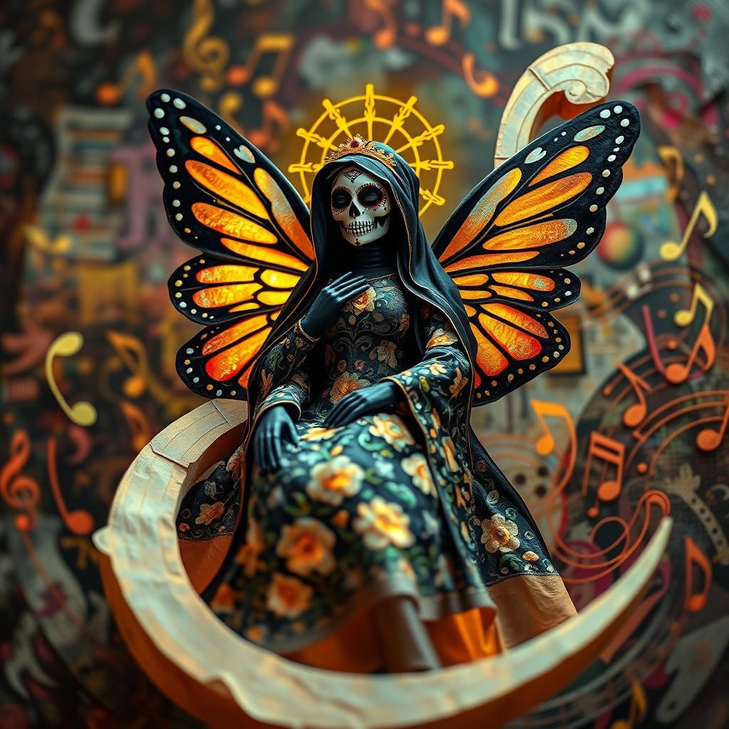 Santa Muerte Sings a Jazz Lullaby in Hyperrealism