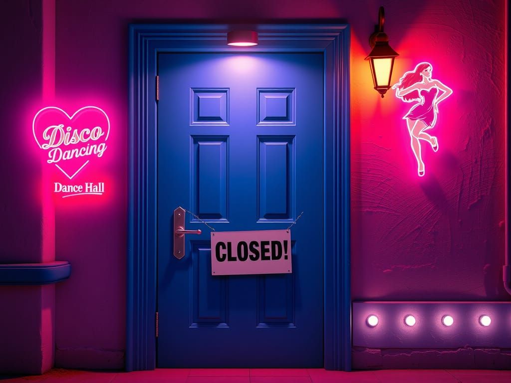 Vibrant Dance Hall Entrance at Night