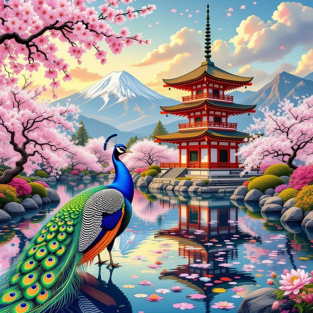 Majestic Peacock Amidst Vibrant Japanese Landscape