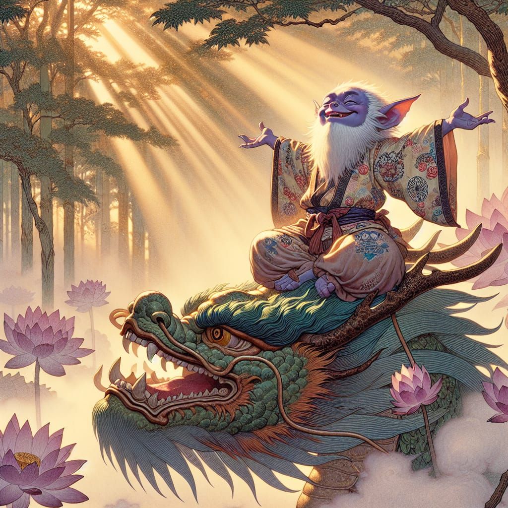 Gremlin Monk Rides Dragon in Ukiyo-e Style