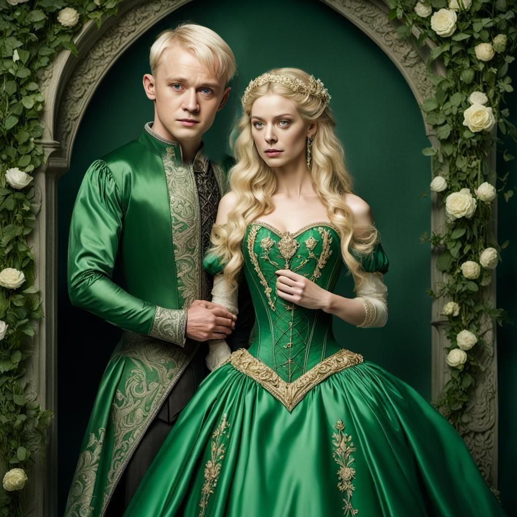 Medieval Couple in Green Outfits: Cinematic Film Still