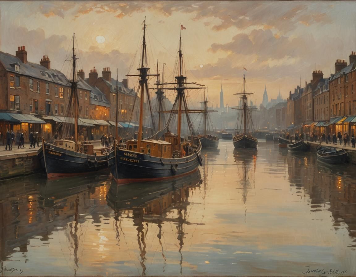 1920s London Harbour in Impressionist Oil Painting Style