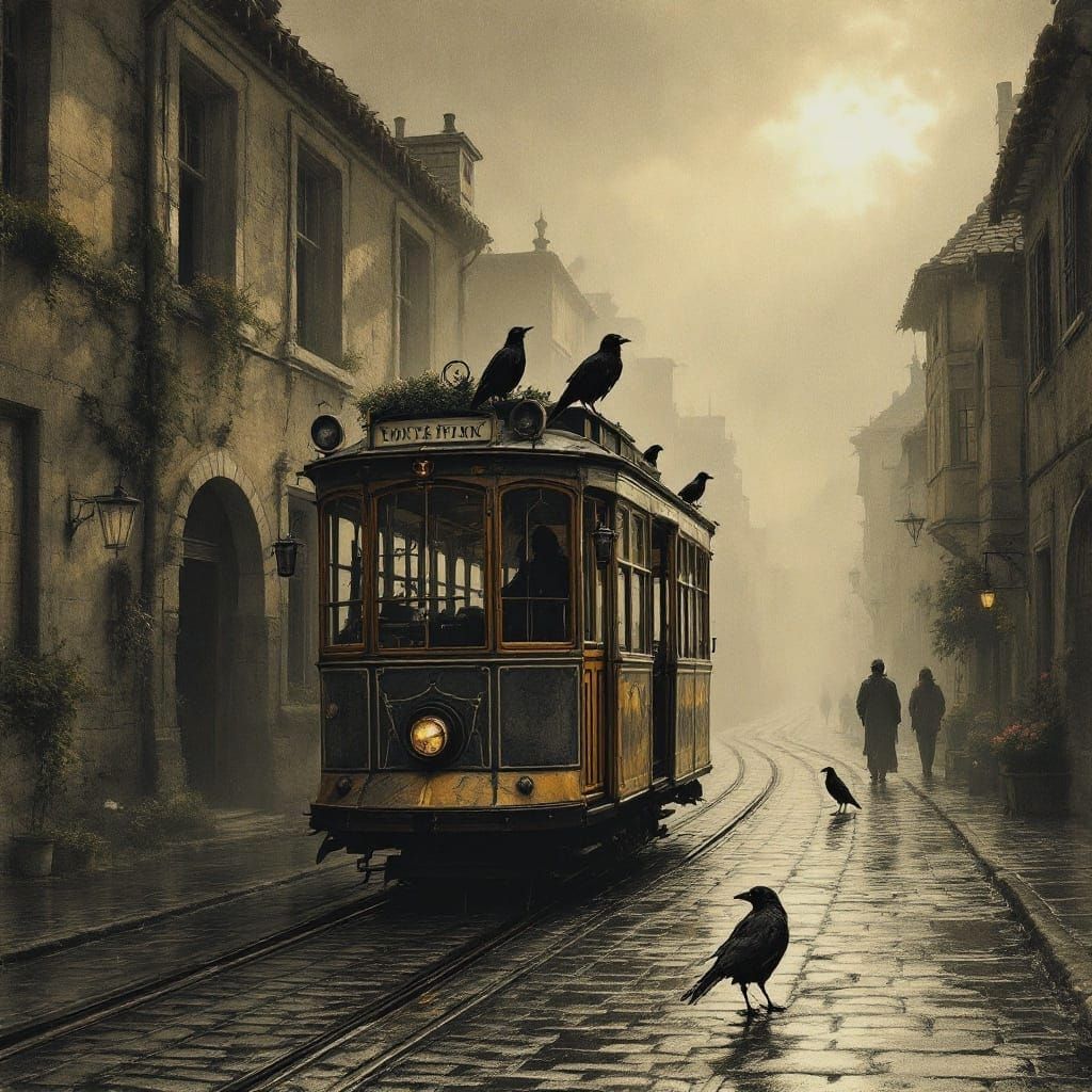 Steampunk Tram in Gothic Style: Ink and Charcoal Sketch