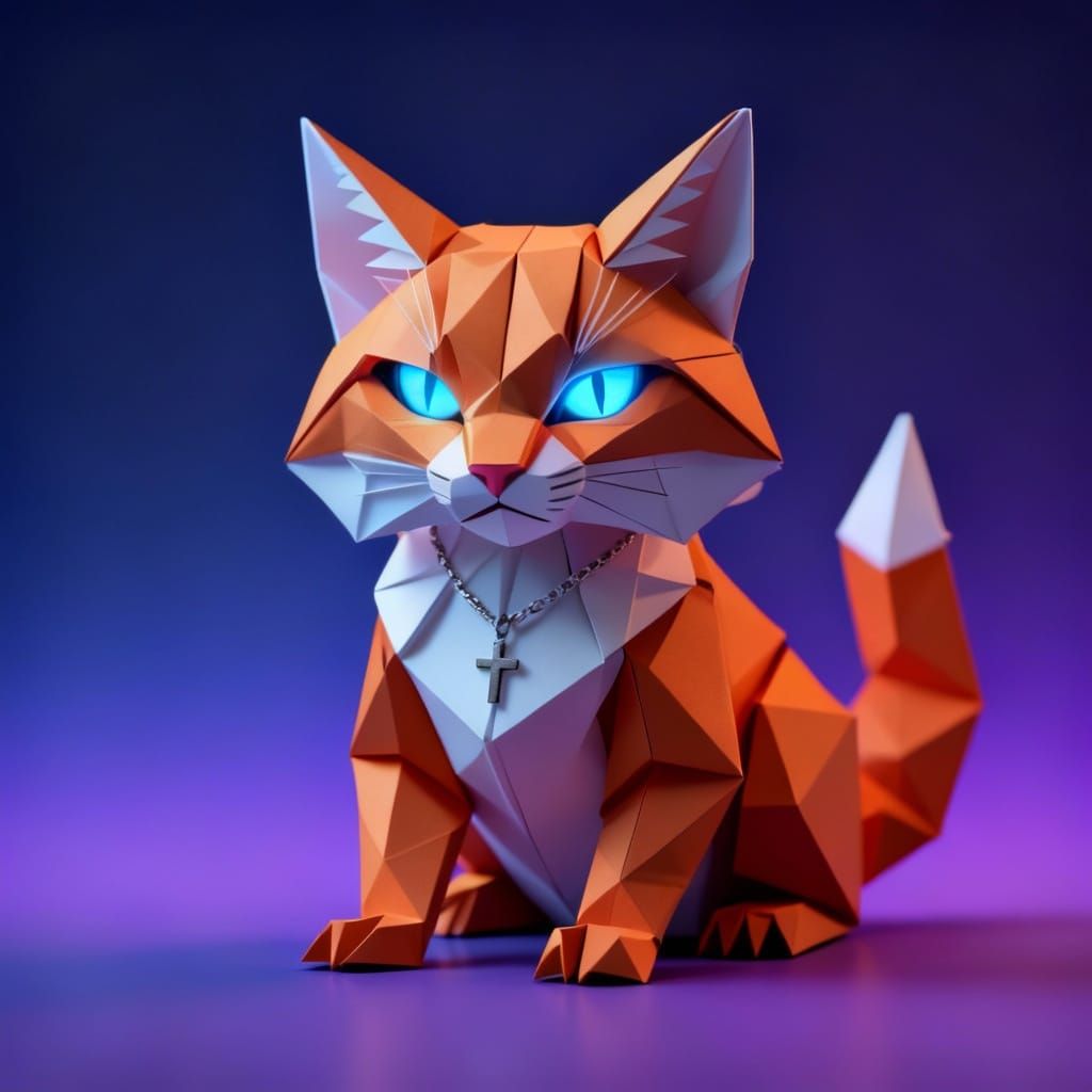 Origami Bobcat Sculpture with Azure Eyes in Studio Light