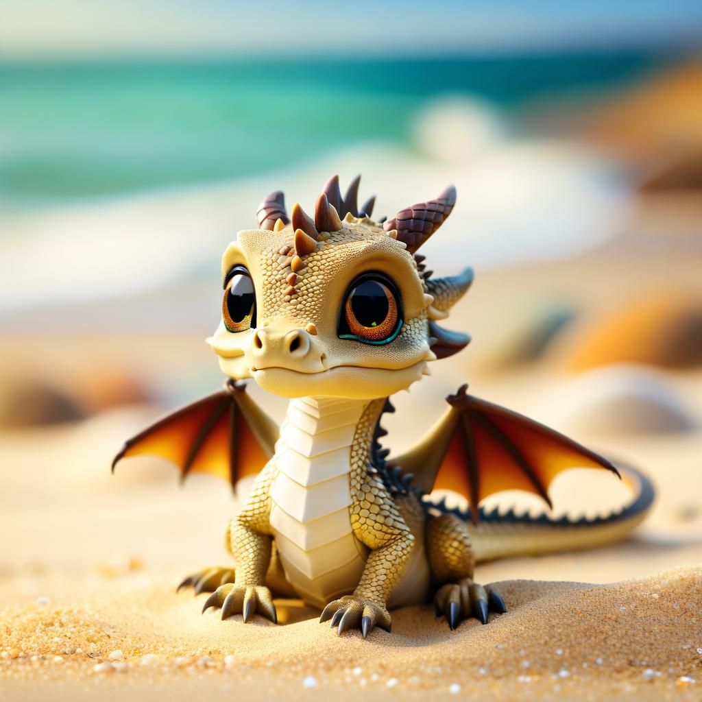 Cute Doe-Eyed Dragon on Sandy Beach