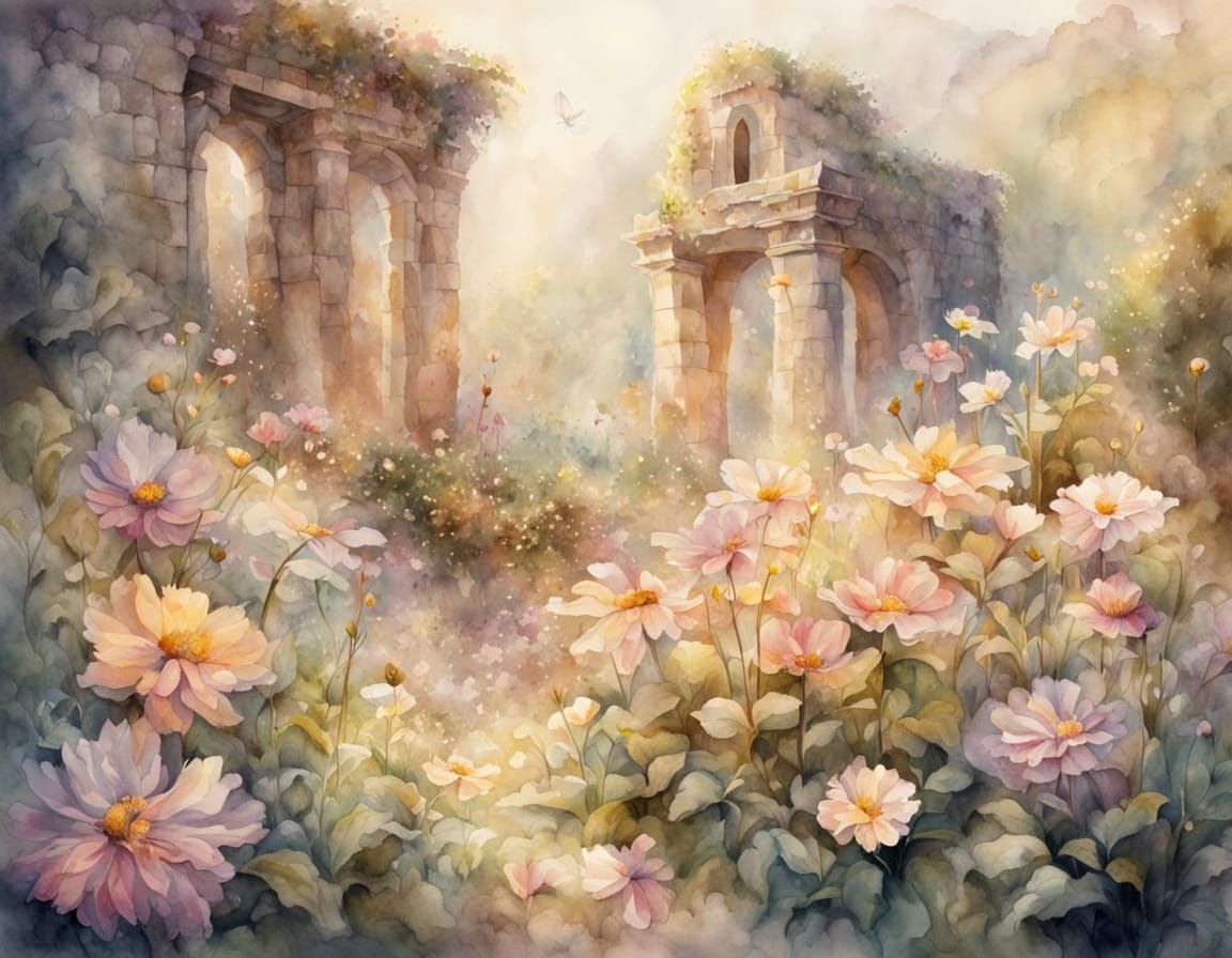 Magical Flower Garden in Watercolor Painting