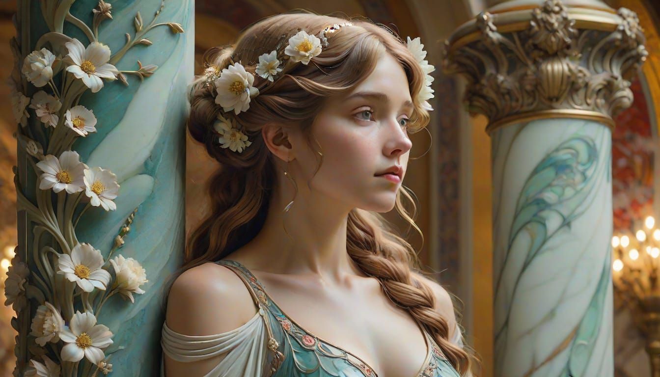 Art Nouveau Woman with Flowers and Marble Column