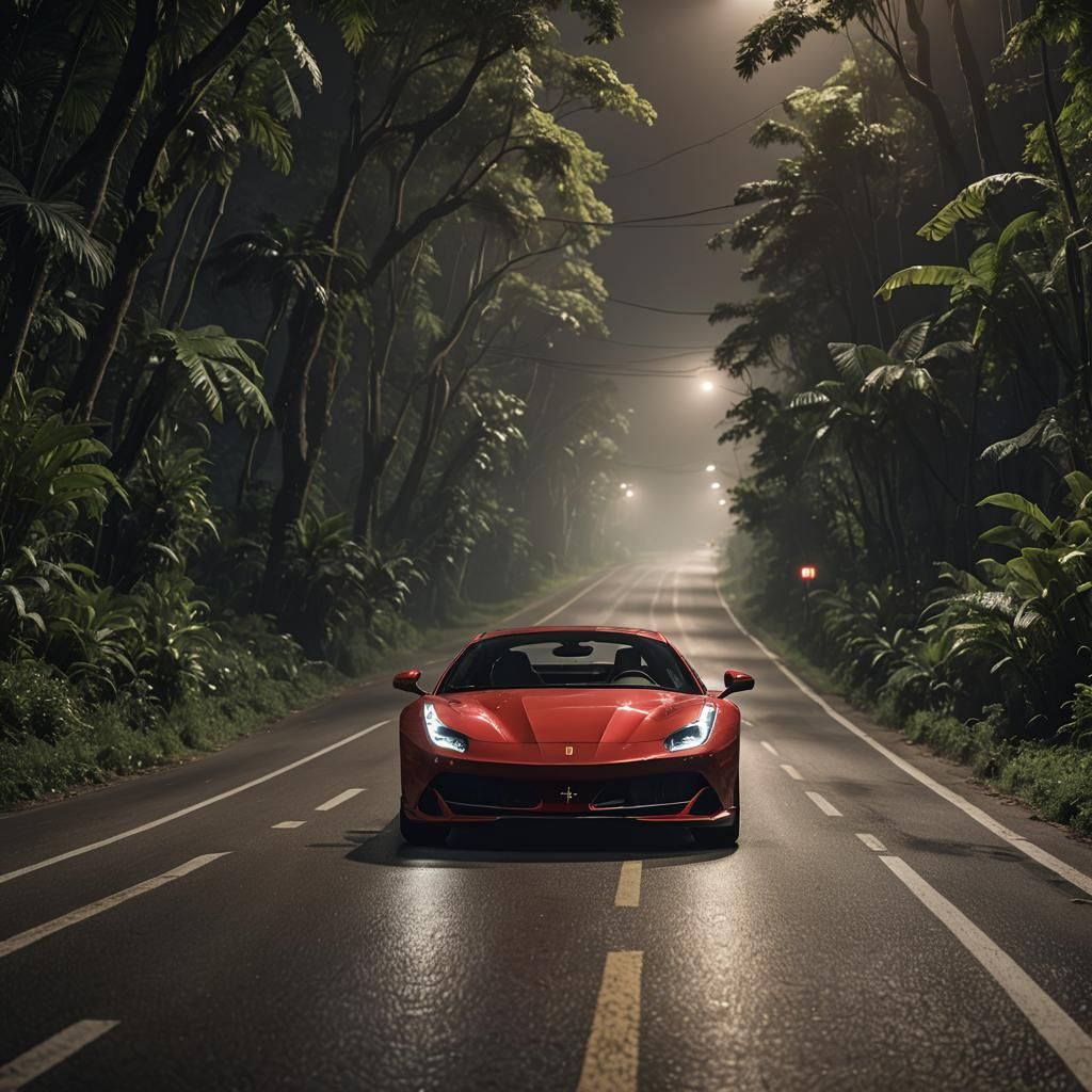 Red Ferrari Night Drive Through Jungle Road