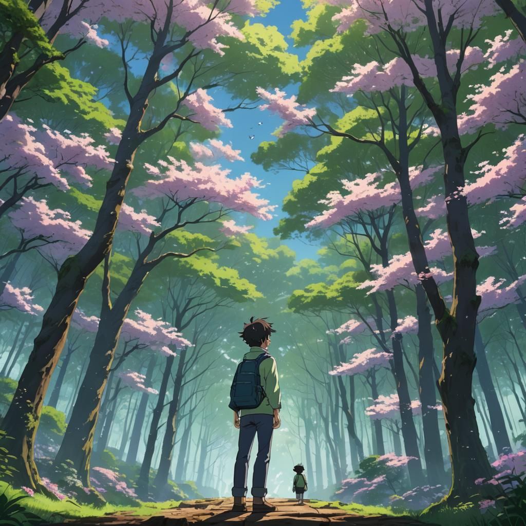 Anime Boy in Sakura Forest, Ghibli Style
