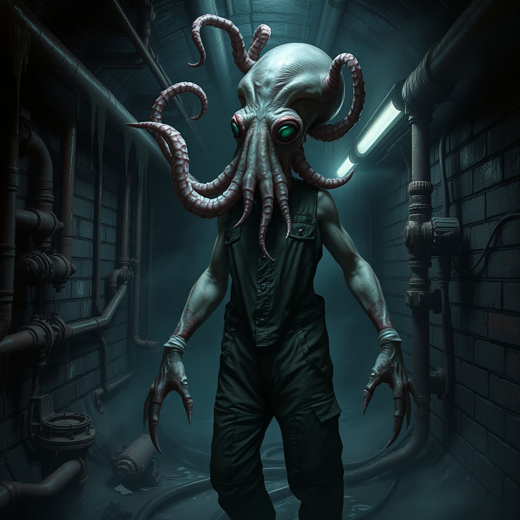 Half-Human Squid Creature in Industrial Sewer Tunnel