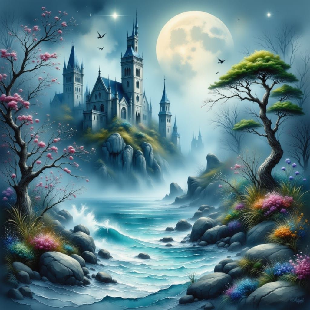 Gothic Castle at Cliff's Edge in Ink Wash Style