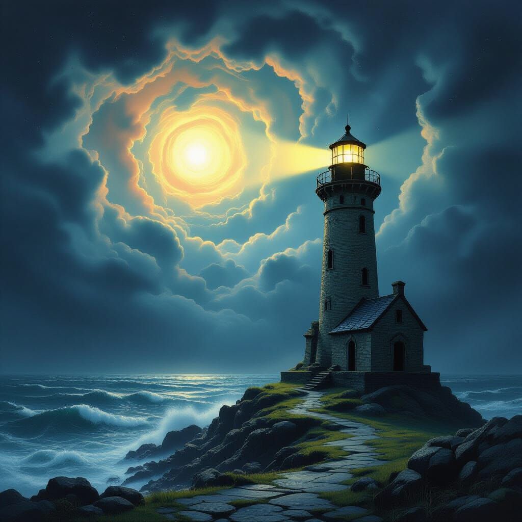 Ancient Lighthouse Against Cosmic Storm