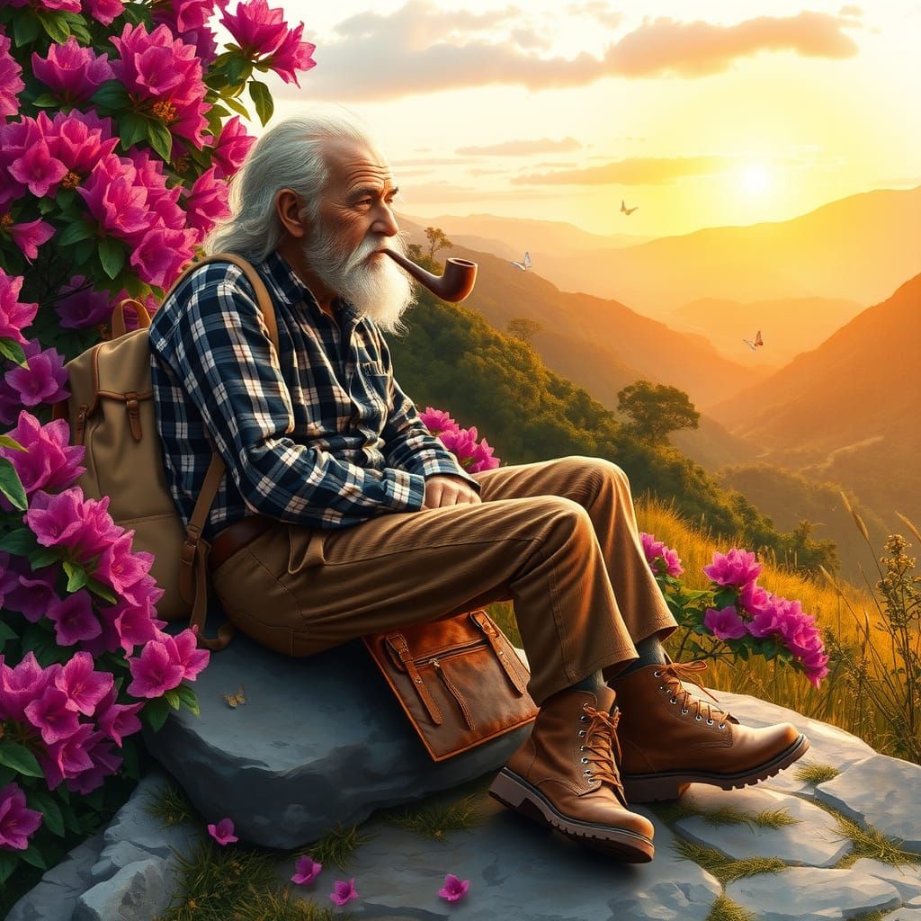 Contemplative Man with Rhododendrons in Golden Light