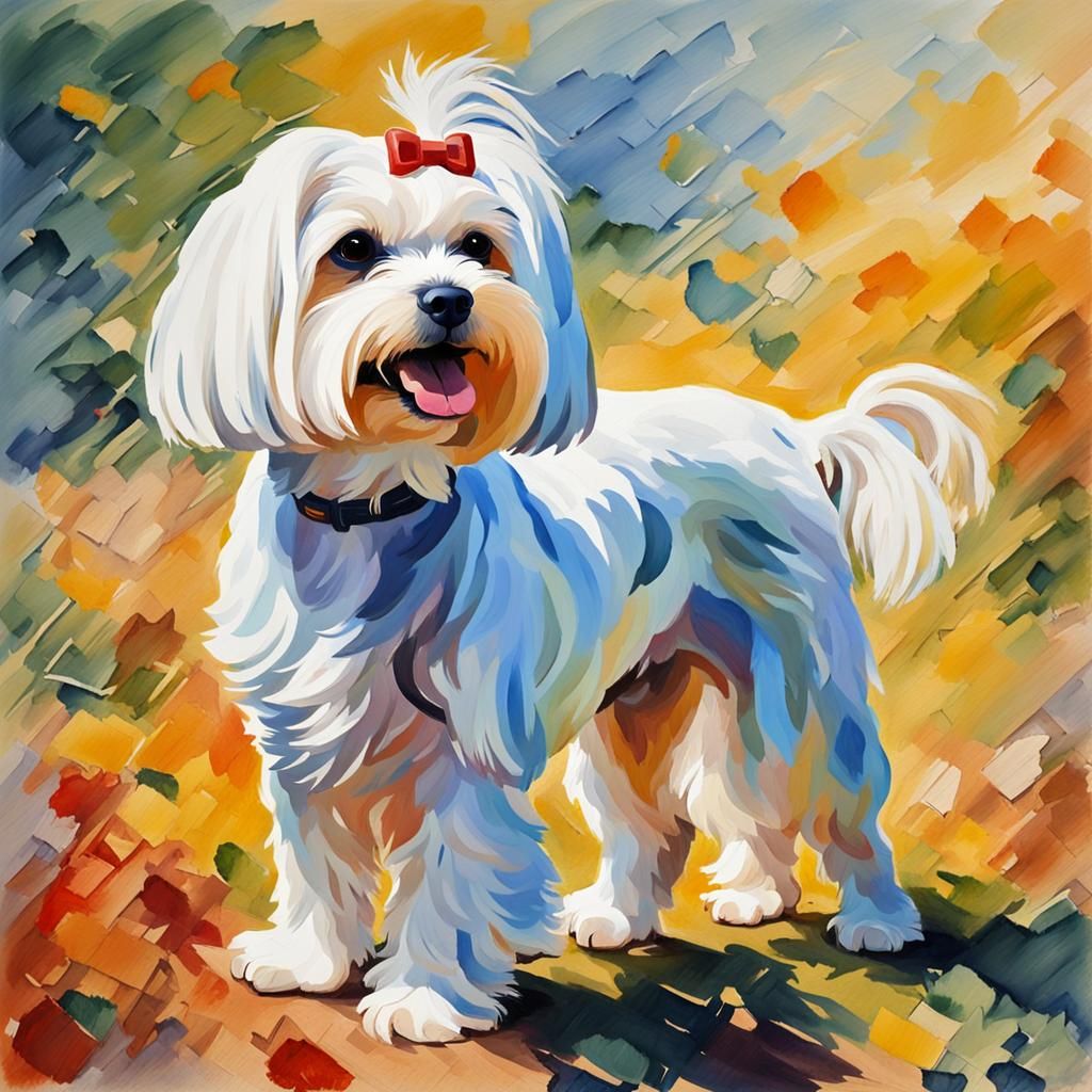 Maltese Dog in Gouache Watercolor Impressionist Style