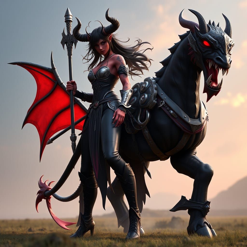 Demonic Warrior in Crimson Armor, Riding a Majestic Displace...