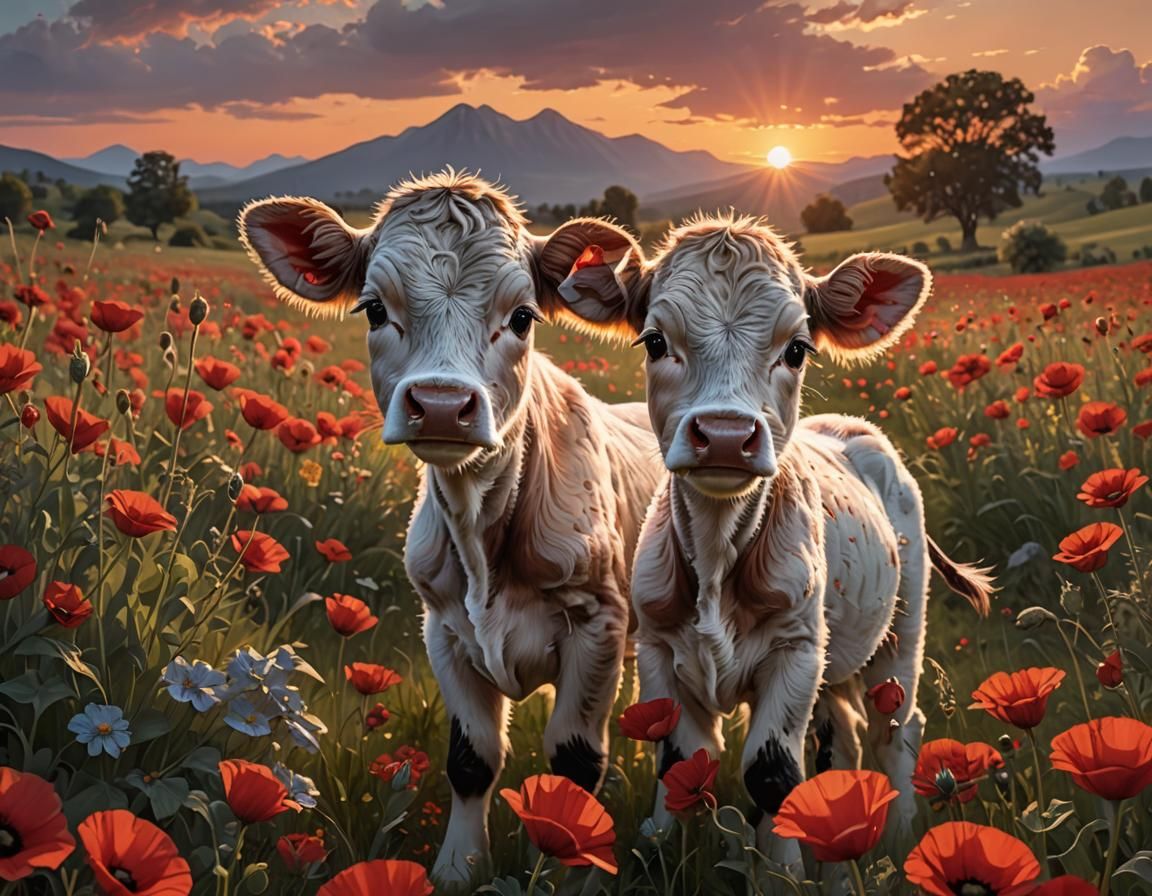 Baby cow in a field of flowers