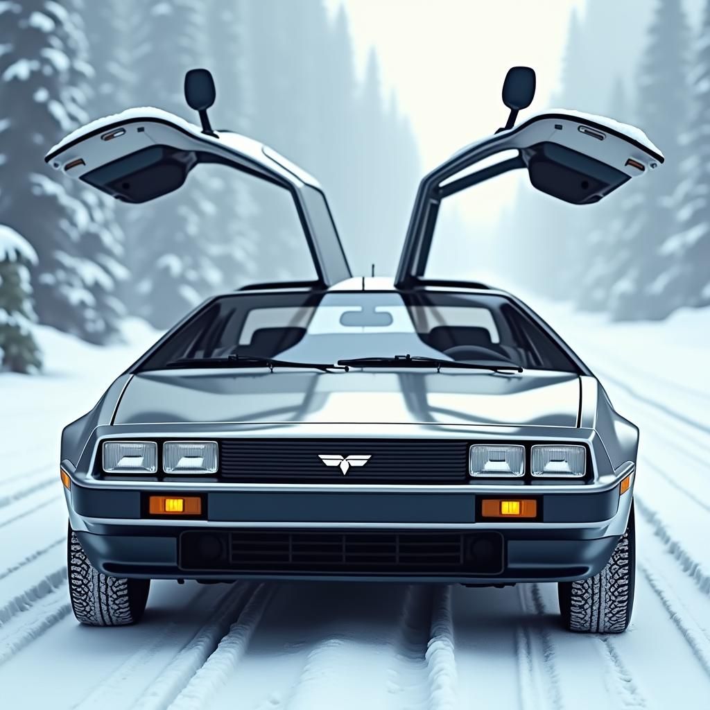 Delorean with Tesla Mandalorian Badge in Winter