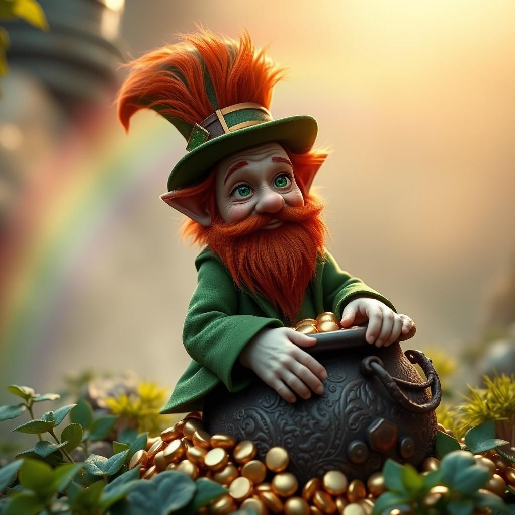 Leprechaun on Pot of Gold in Hyperrealistic Style