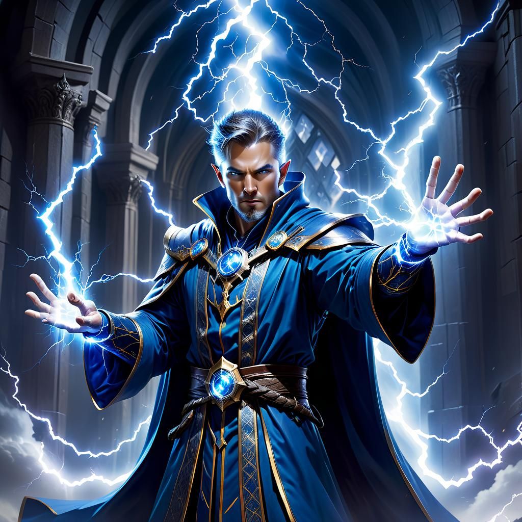Fantasy Wizard Conjuring Lightning with Electrical Bolts